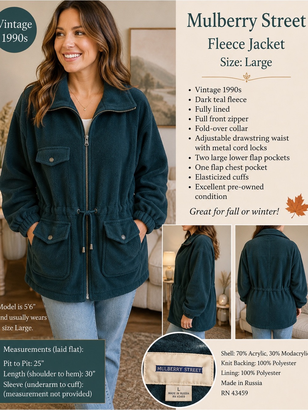 Vintage 90s Mulberry Street Plush Fleece Jacket L Teal Full Zip Lined